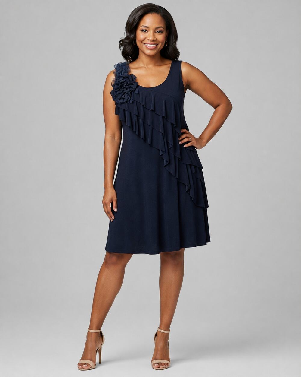 Nic & Dom NWT Navy Blue Waterfall Ruffles Floral Shoulder Emb Size PXL